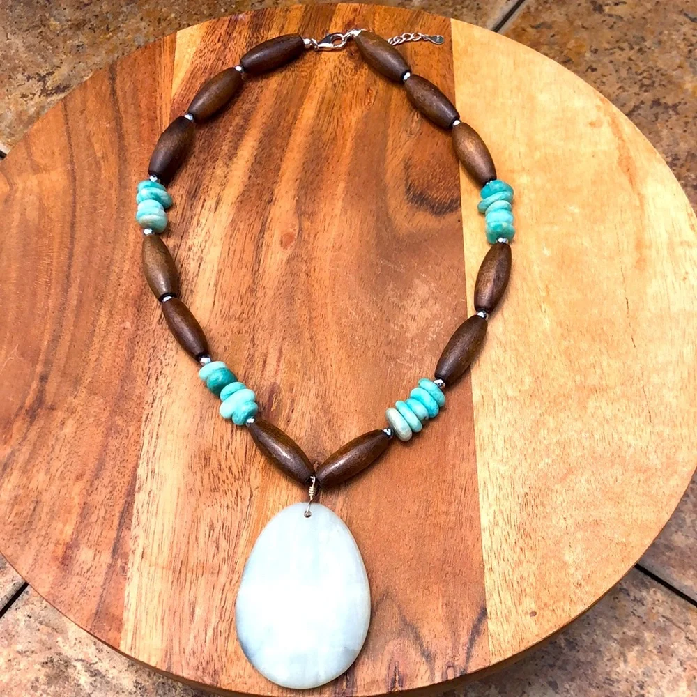 Blue turquoise & wood beaded necklace 11” with a 2” extender